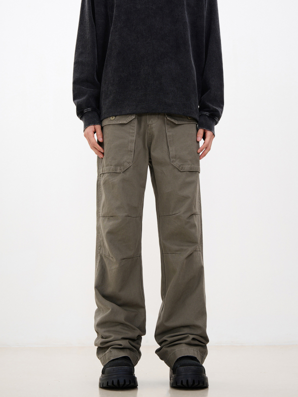 Pantaloni casual de lucru cu pliuri, mai multe buzunare, bumbac, croială lejeră, talie medie