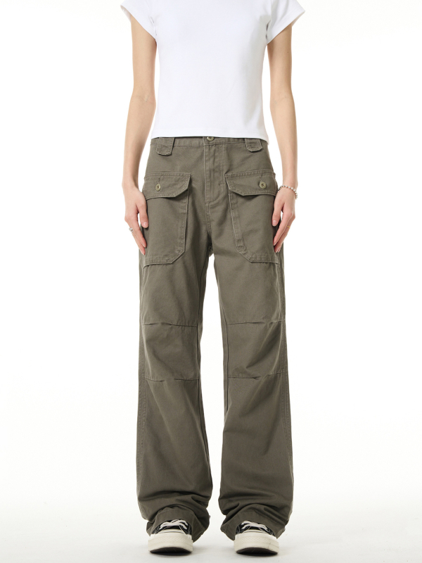 Pantaloni casual de lucru cu pliuri, mai multe buzunare, bumbac, croială lejeră, talie medie