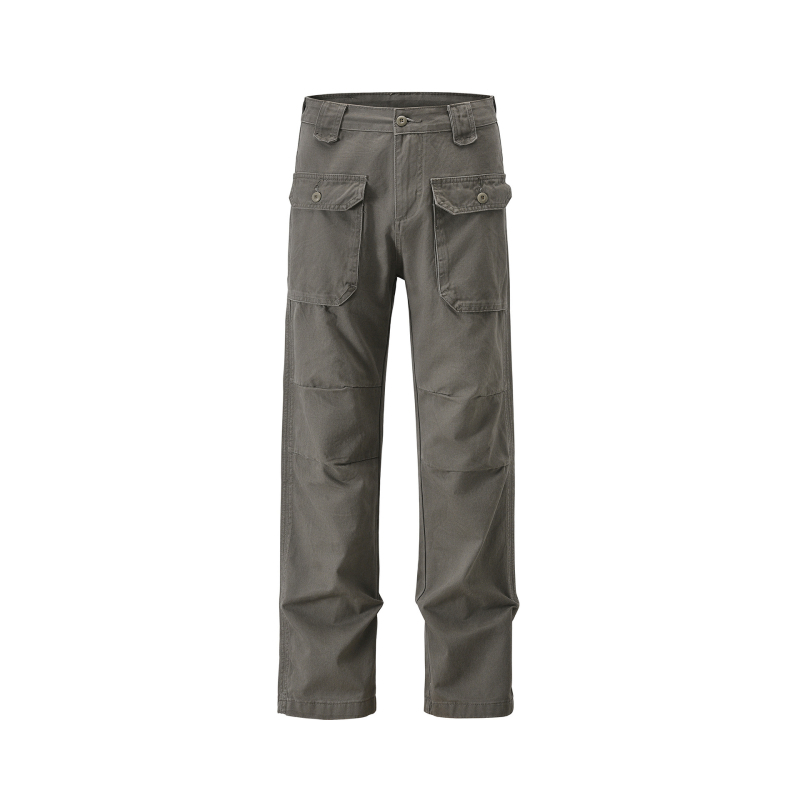 Pantaloni casual de lucru cu pliuri, mai multe buzunare, bumbac, croială lejeră, talie medie