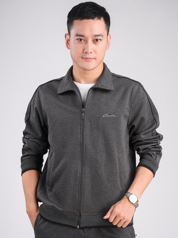 Мъжко спортно горнище, свободна кройка, стояща яка, цип за закопчаване, полиестер 94%+