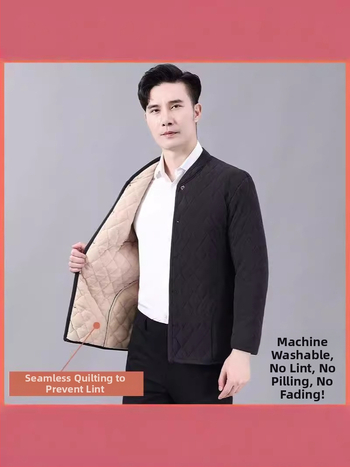 Vyrinė žieminė medvilninė striukė su fliso pamušalu, stovinti apykaklė, ilgos rankovės, įprasta kirpimo, šoninės kišenės, vienos eilės sagos, įprastas ilgis