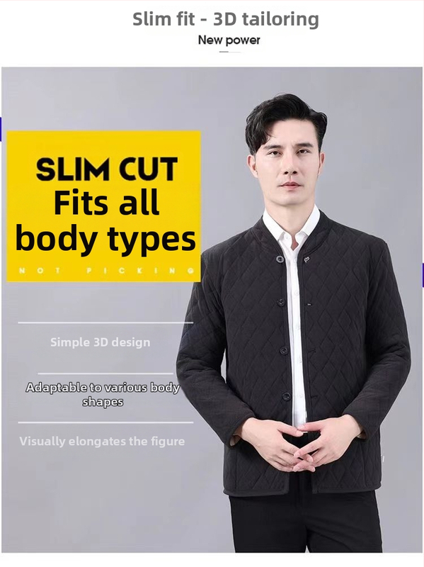 Vyrinė žieminė medvilninė striukė su fliso pamušalu, stovinti apykaklė, ilgos rankovės, įprasta kirpimo, šoninės kišenės, vienos eilės sagos, įprastas ilgis