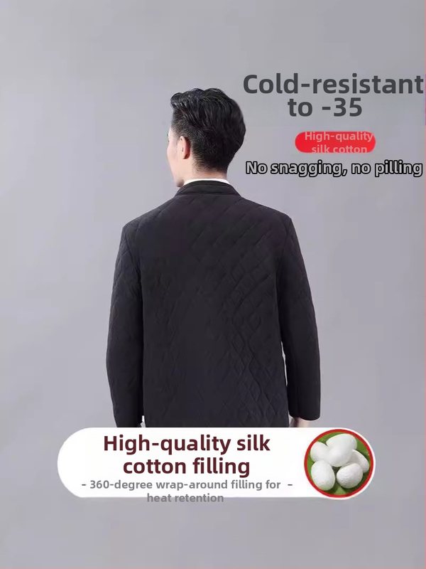 Vyrinė žieminė medvilninė striukė su fliso pamušalu, stovinti apykaklė, ilgos rankovės, įprasta kirpimo, šoninės kišenės, vienos eilės sagos, įprastas ilgis