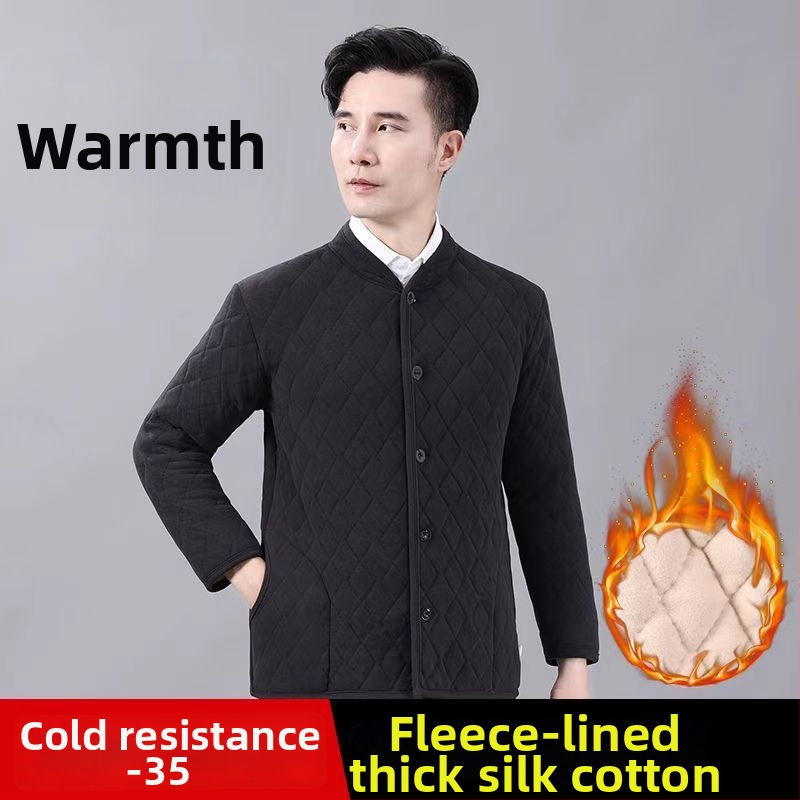 Vyrinė žieminė medvilninė striukė su fliso pamušalu, stovinti apykaklė, ilgos rankovės, įprasta kirpimo, šoninės kišenės, vienos eilės sagos, įprastas ilgis