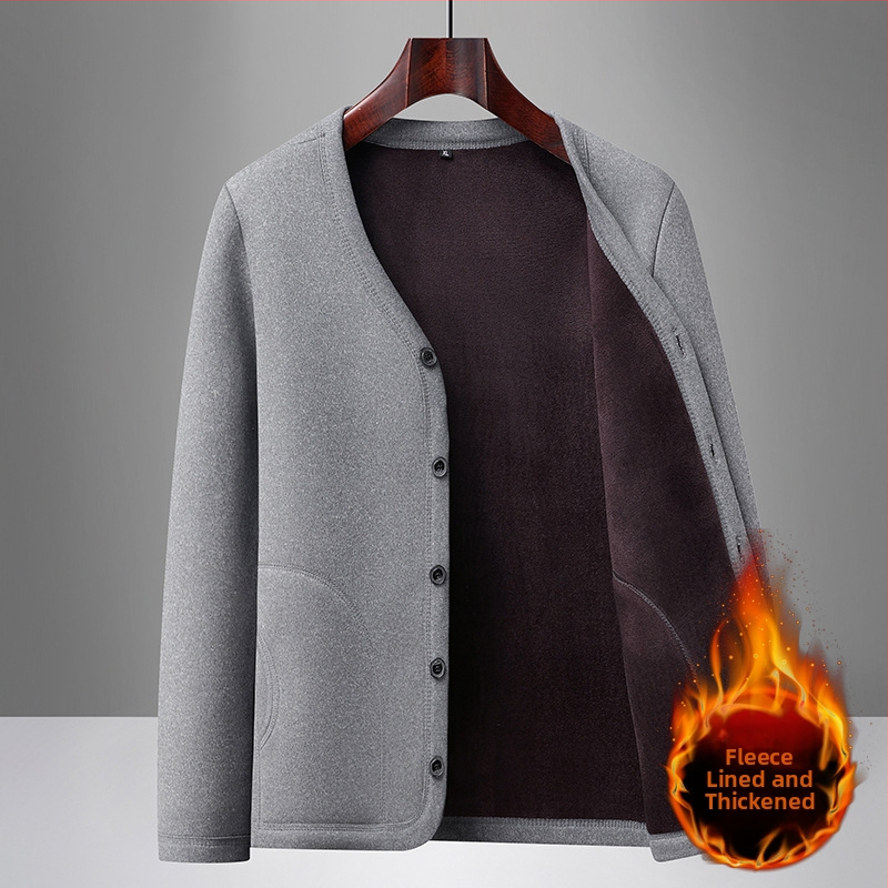 Vyriškas žiemos kardiganas su fliso pamušalu, poliesterio audinys, ilgos rankovės, apvali kaklo iškirptė, vidutinio amžiaus ir vyresniems vyrams