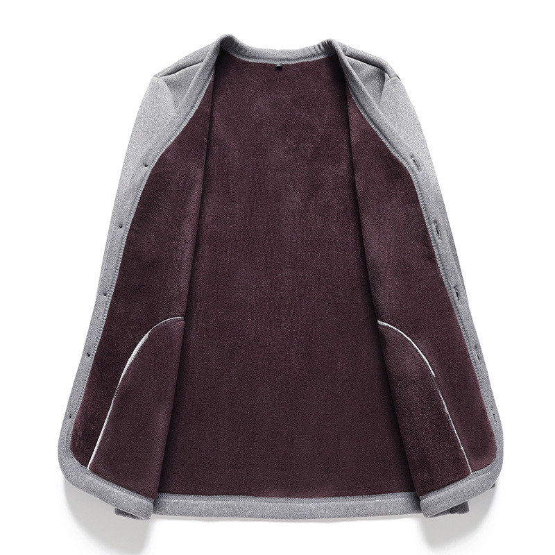 Vyriškas žiemos kardiganas su fliso pamušalu, poliesterio audinys, ilgos rankovės, apvali kaklo iškirptė, vidutinio amžiaus ir vyresniems vyrams