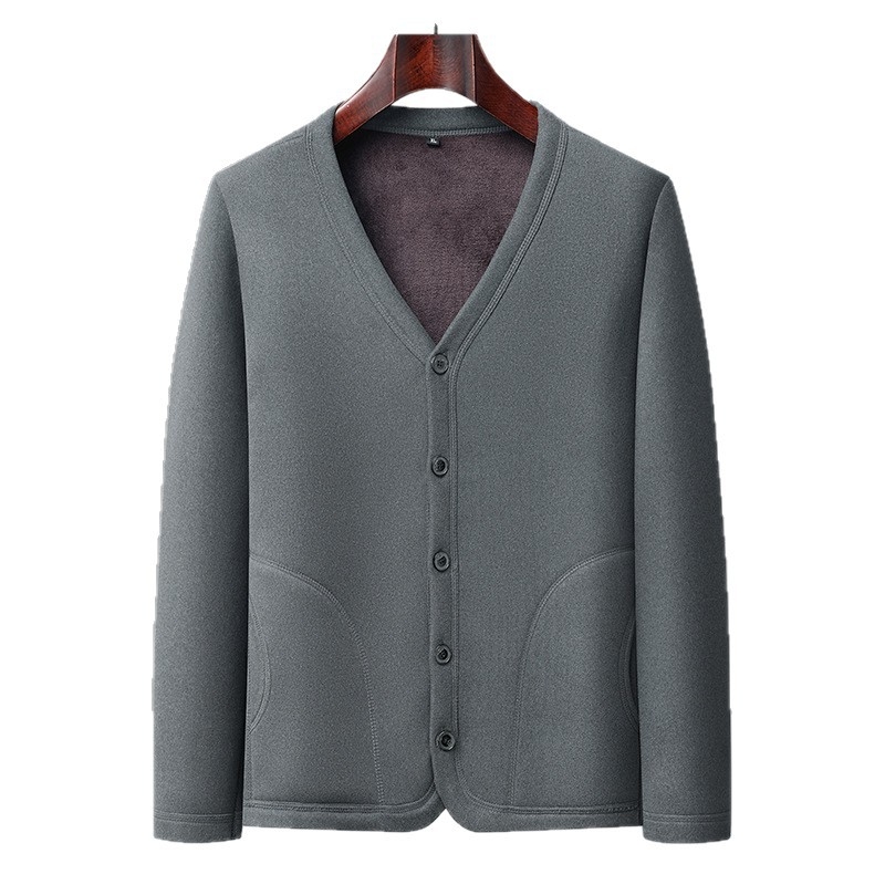 Vyriškas žiemos kardiganas su fliso pamušalu, poliesterio audinys, ilgos rankovės, apvali kaklo iškirptė, vidutinio amžiaus ir vyresniems vyrams