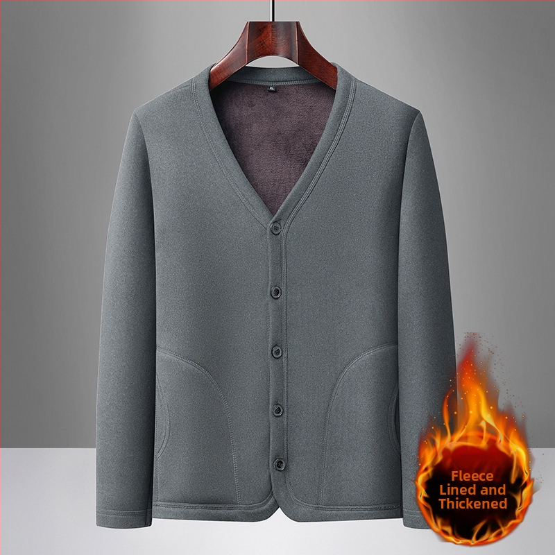 Vyriškas žiemos kardiganas su fliso pamušalu, poliesterio audinys, ilgos rankovės, apvali kaklo iškirptė, vidutinio amžiaus ir vyresniems vyrams