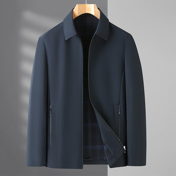 Tuulekindel polüester-jakk reversiga ja lukuga, regulaarne lõige – äri stiil keskealistele ja vanematele meestele (kevad)