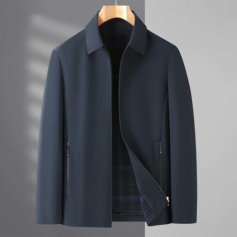 Tuulekindel polüester-jakk reversiga ja lukuga, regulaarne lõige – äri stiil keskealistele ja vanematele meestele (kevad)