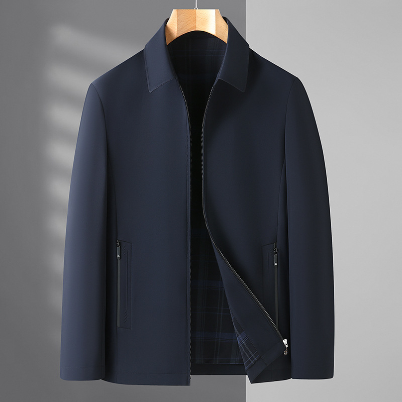 Tuulekindel polüester-jakk reversiga ja lukuga, regulaarne lõige – äri stiil keskealistele ja vanematele meestele (kevad)