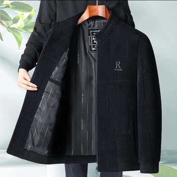 Sacou de bărbați din amestec de in pentru primăvară–toamnă, cu guler înălțat, fermoar, croială lejeră, buzunare multiple