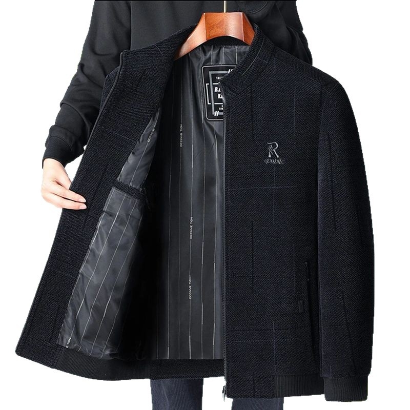 Sacou de bărbați din amestec de in pentru primăvară–toamnă, cu guler înălțat, fermoar, croială lejeră, buzunare multiple