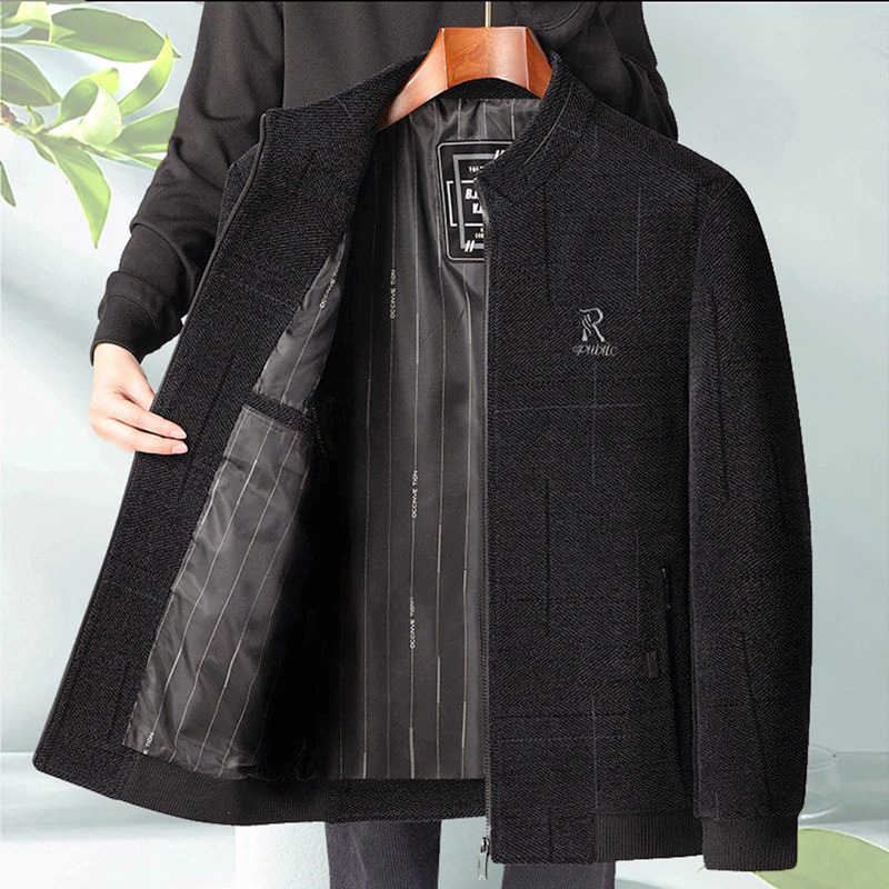 Sacou de bărbați din amestec de in pentru primăvară–toamnă, cu guler înălțat, fermoar, croială lejeră, buzunare multiple