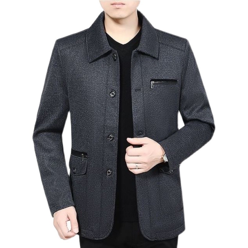 Pánske ľahké sako na jaru/jesene, golier, jednosečné zapínanie, dlhé rukávy, vsadené vrecká, rovný lem, bez žehlenia, vinylon vonkajší materiál, polyesterová podšívka, štýl business leisure