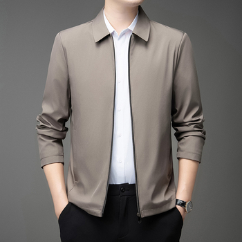 Jachetă pentru bărbați, rever, fermoar, model solid, amestec bumbac-elastan