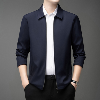 Jachetă pentru bărbați, rever, fermoar, model solid, amestec bumbac-elastan