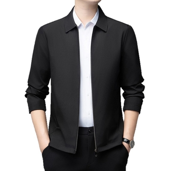 Jachetă pentru bărbați, rever, fermoar, model solid, amestec bumbac-elastan