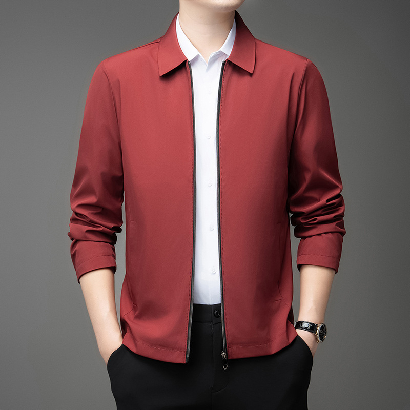 Jachetă pentru bărbați, rever, fermoar, model solid, amestec bumbac-elastan