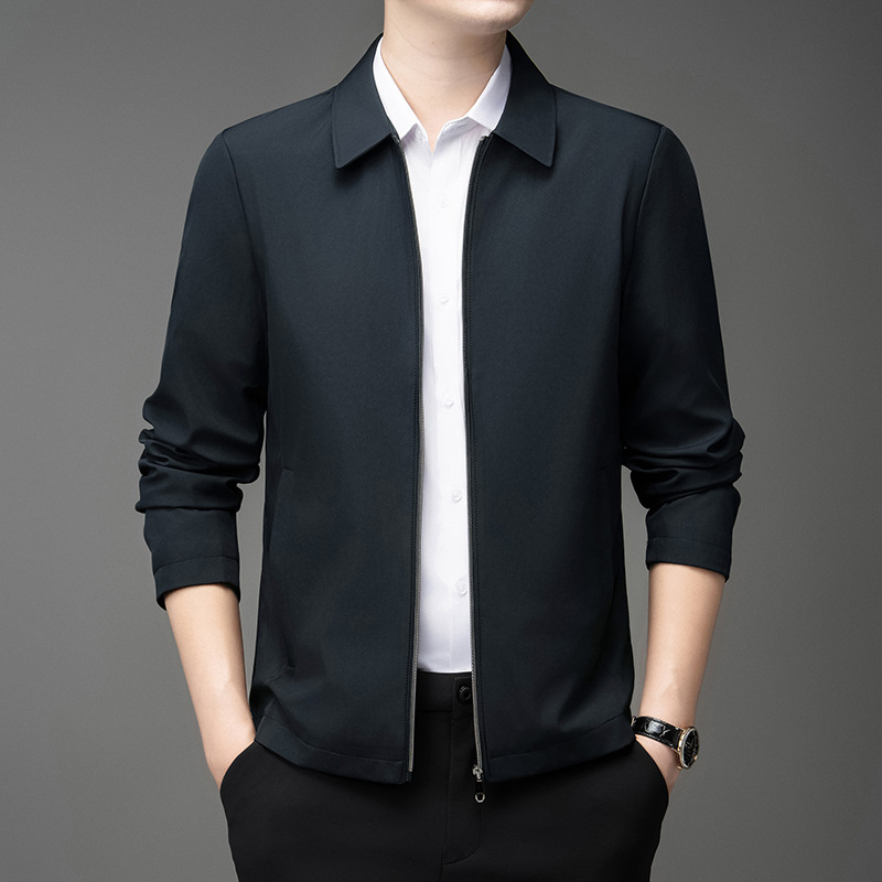 Jachetă pentru bărbați, rever, fermoar, model solid, amestec bumbac-elastan