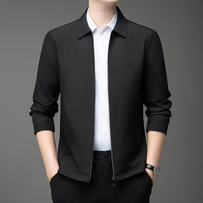 Jachetă pentru bărbați, rever, fermoar, model solid, amestec bumbac-elastan