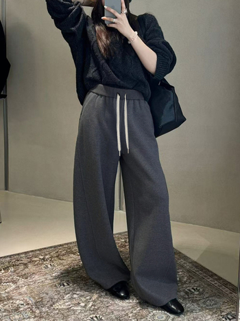 Lingqian ženske hlače s fleeceom za zimu, visoki struk, ravni ležerni kroj, debeli materijal, mikro-elastičnost