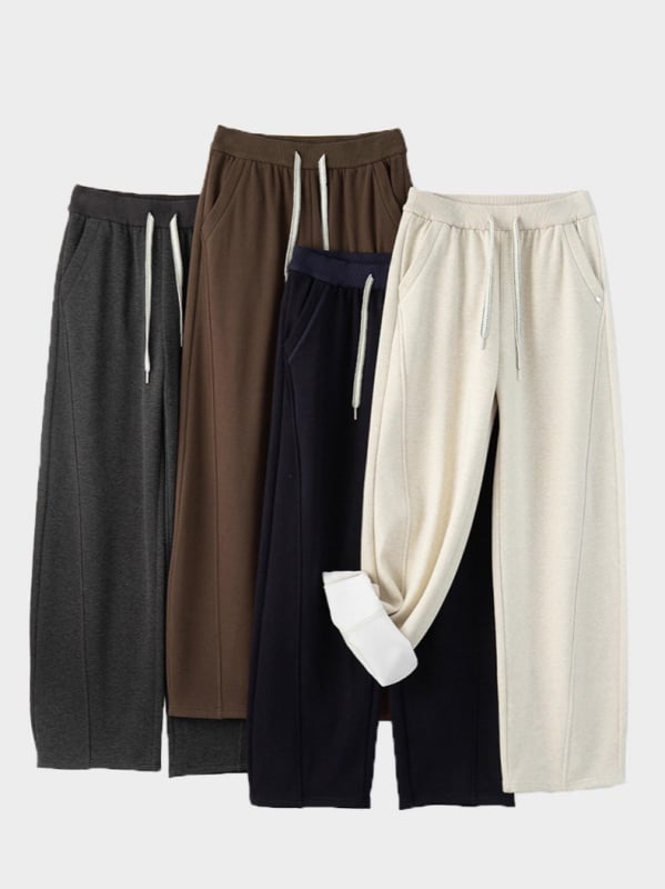 Lingqian ženske hlače s fleeceom za zimu, visoki struk, ravni ležerni kroj, debeli materijal, mikro-elastičnost