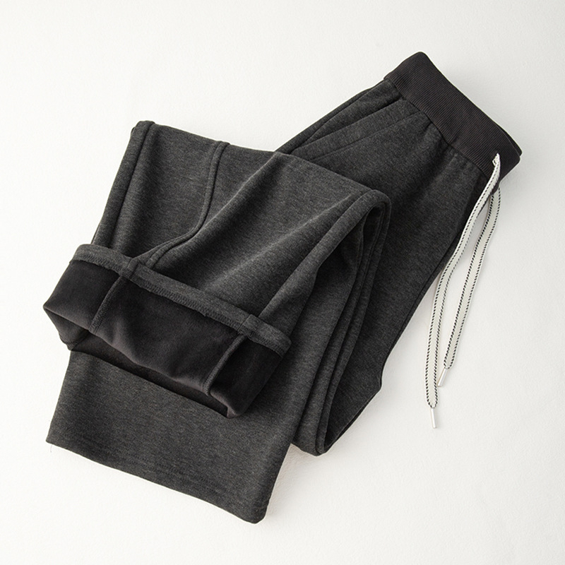 Lingqian ženske hlače s fleeceom za zimu, visoki struk, ravni ležerni kroj, debeli materijal, mikro-elastičnost