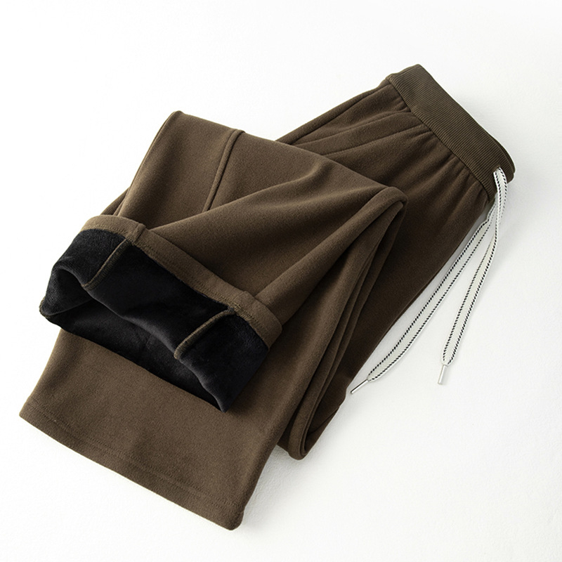 Lingqian ženske hlače s fleeceom za zimu, visoki struk, ravni ležerni kroj, debeli materijal, mikro-elastičnost