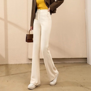 Pantaloni bootcut cu talie înaltă, amestec bumbac-PVC, stil casual