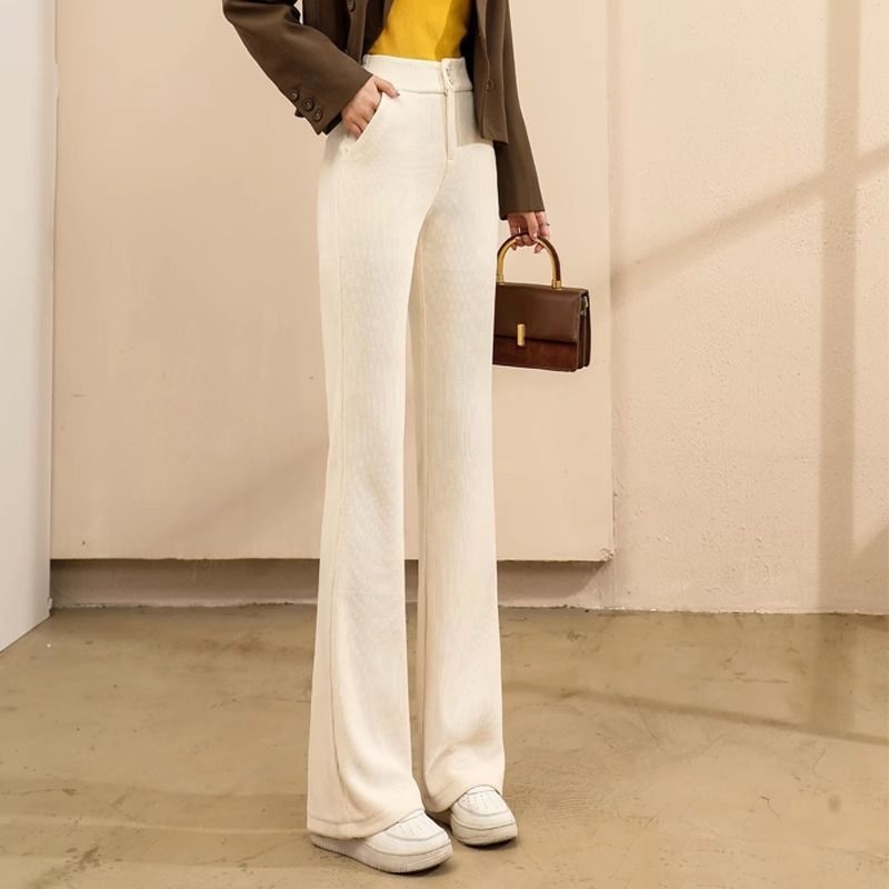 Pantaloni bootcut cu talie înaltă, amestec bumbac-PVC, stil casual