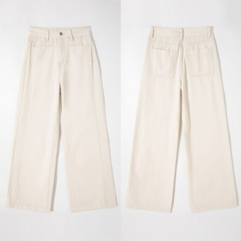 Τζιν με βελούδινη επένδυση, υψηλή μέση, ίσια γραμμή και μπροστινές τσέπες με καπακια; denim από 80–90% βαμβάκι, πολυεστέρας <30%, παχύ ύφασμα