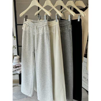 Ženske udobne hlače s visokim strukom i čipkastim detaljima, mješavina pamuka/poliester, ravni kroj, dugačke, japansko-korejski ležerni stil, proljeće 2025