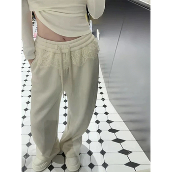 Ženske udobne hlače s visokim strukom i čipkastim detaljima, mješavina pamuka/poliester, ravni kroj, dugačke, japansko-korejski ležerni stil, proljeće 2025