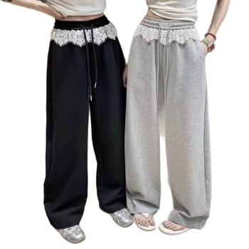 Ženske udobne hlače s visokim strukom i čipkastim detaljima, mješavina pamuka/poliester, ravni kroj, dugačke, japansko-korejski ležerni stil, proljeće 2025