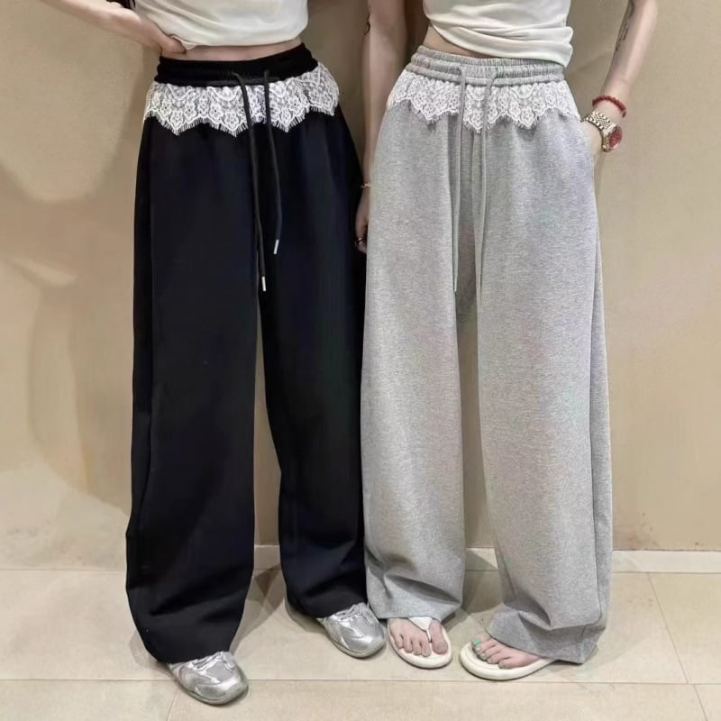 Ženske udobne hlače s visokim strukom i čipkastim detaljima, mješavina pamuka/poliester, ravni kroj, dugačke, japansko-korejski ležerni stil, proljeće 2025
