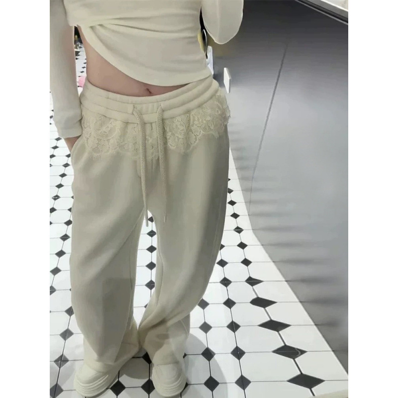 Ženske udobne hlače s visokim strukom i čipkastim detaljima, mješavina pamuka/poliester, ravni kroj, dugačke, japansko-korejski ležerni stil, proljeće 2025