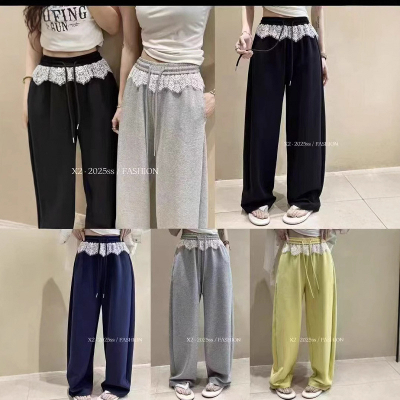 Ženske udobne hlače s visokim strukom i čipkastim detaljima, mješavina pamuka/poliester, ravni kroj, dugačke, japansko-korejski ležerni stil, proljeće 2025