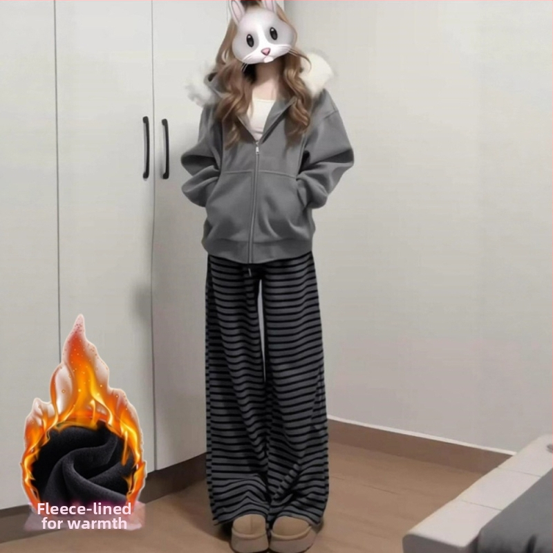 Naiste fleece vooderdusega püksid, laiad jalad, kõrge talje, vaba lõikega, talv 2025