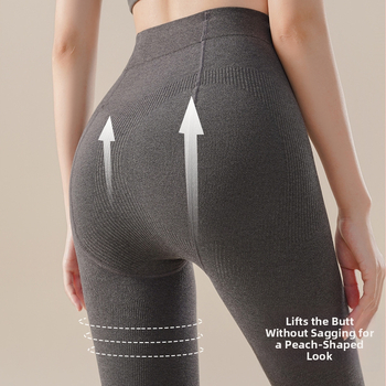 Fleecinės pamušalo leggingės su vertikaliomis juostomis, Nylon-Spandex audinys, klubų pakėlimas ir pilvo kontrolė