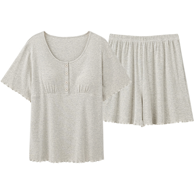 Vasaros nėščiųjų pižamų komplektas: lengvas modalinio-pamukų mišinys su krūties pagalvėle žindymui, 3/4 rankovės ir šortai