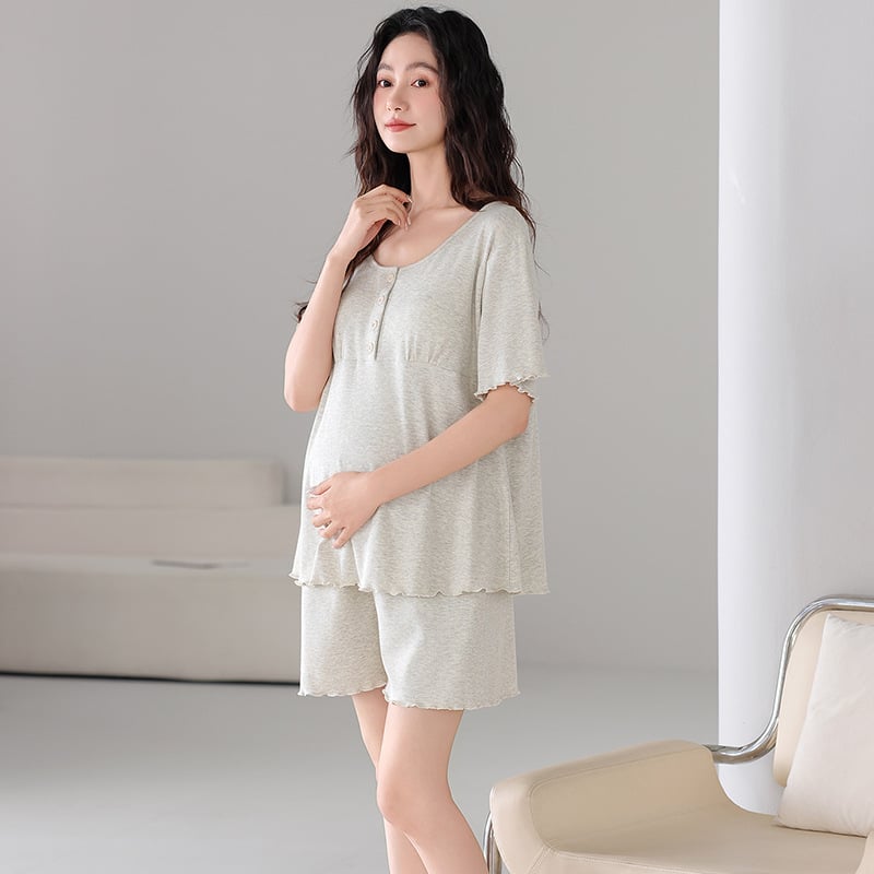 Vasaros nėščiųjų pižamų komplektas: lengvas modalinio-pamukų mišinys su krūties pagalvėle žindymui, 3/4 rankovės ir šortai