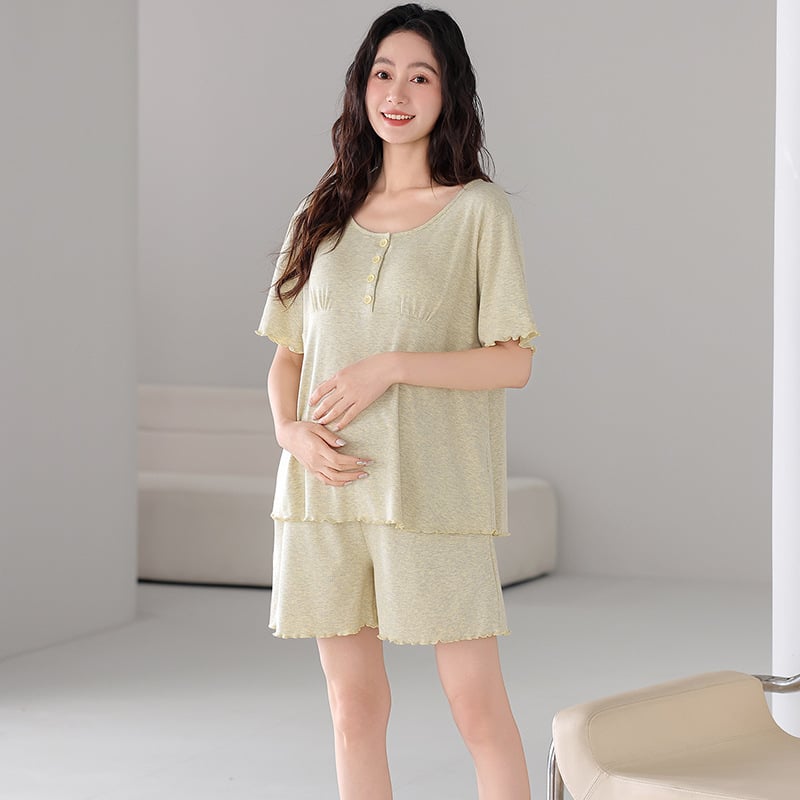 Vasaros nėščiųjų pižamų komplektas: lengvas modalinio-pamukų mišinys su krūties pagalvėle žindymui, 3/4 rankovės ir šortai