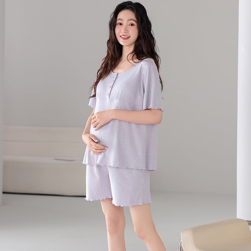 Vasaros nėščiųjų pižamų komplektas: lengvas modalinio-pamukų mišinys su krūties pagalvėle žindymui, 3/4 rankovės ir šortai