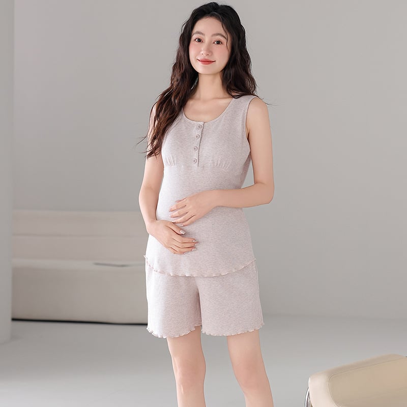 Vasaros nėščiųjų pižamų komplektas: lengvas modalinio-pamukų mišinys su krūties pagalvėle žindymui, 3/4 rankovės ir šortai