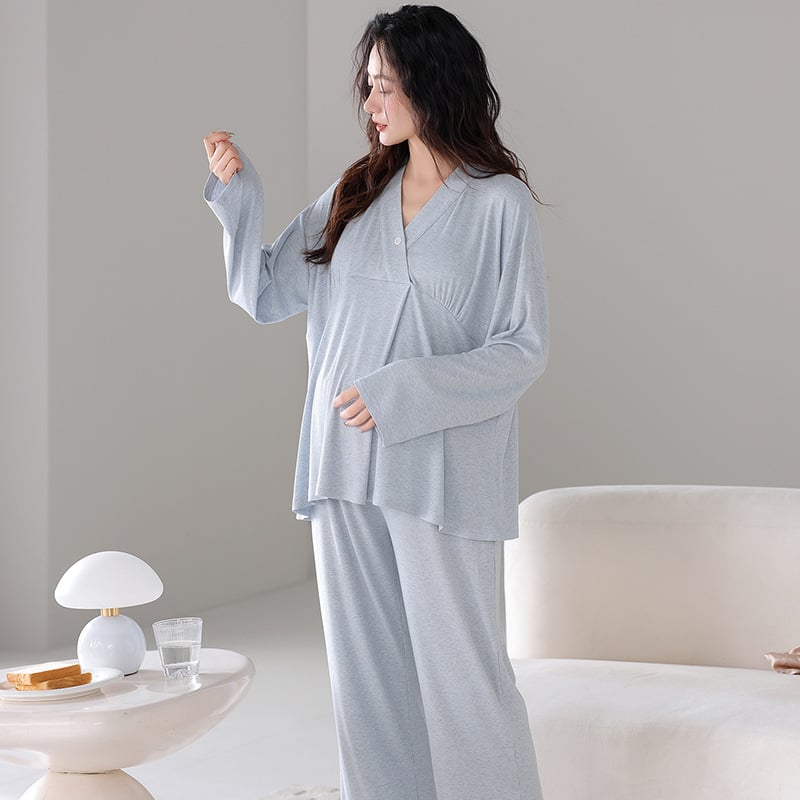 Vasaros nėščiųjų pižamų komplektas: lengvas modalinio-pamukų mišinys su krūties pagalvėle žindymui, 3/4 rankovės ir šortai