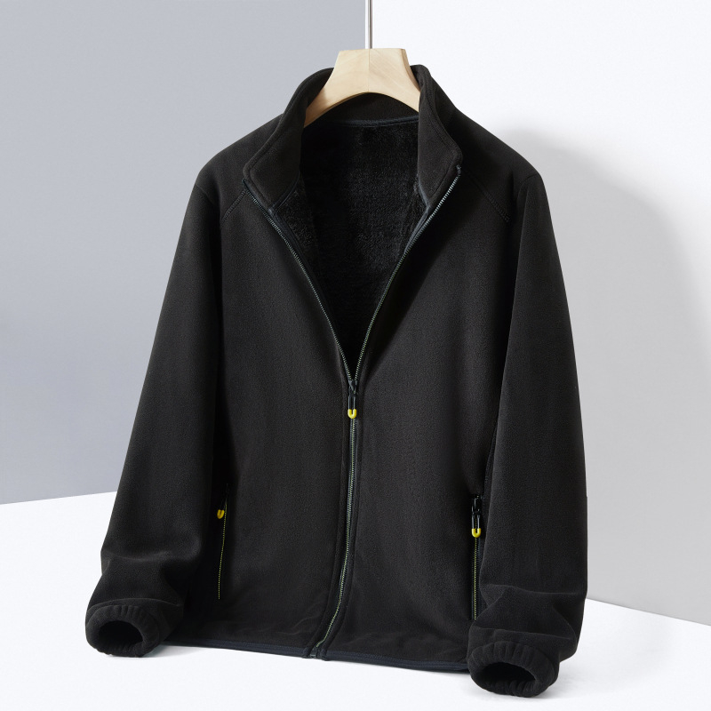 Kahekülgne fleece-kardigan stand-up krae, tõmblukk ees, pikad varrukad, paks polüester, unisex (mehed ja naised)