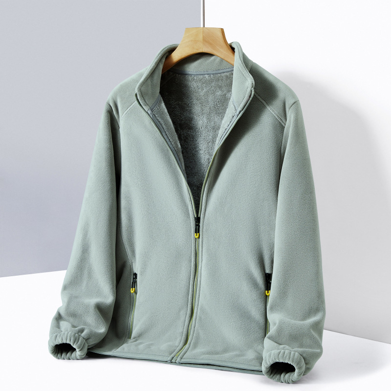 Kahekülgne fleece-kardigan stand-up krae, tõmblukk ees, pikad varrukad, paks polüester, unisex (mehed ja naised)