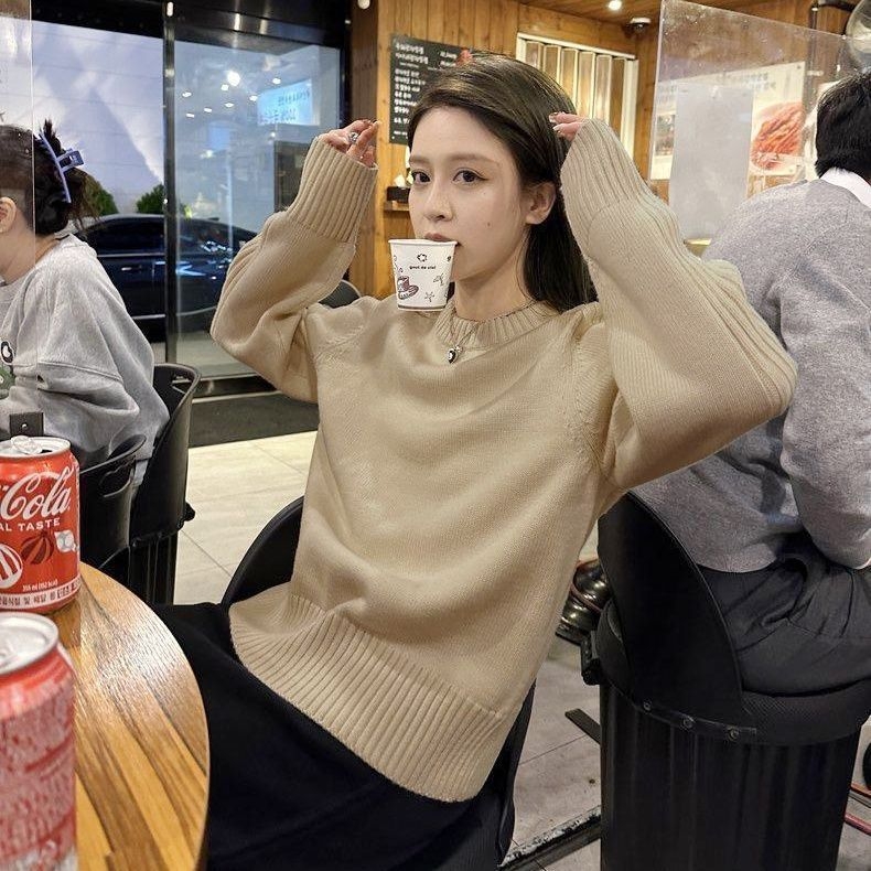 Ženski pleteni džemper u korejskom stilu s okruglim izrezom, Ice Silk tkanina, jednobojna, normalna debljina