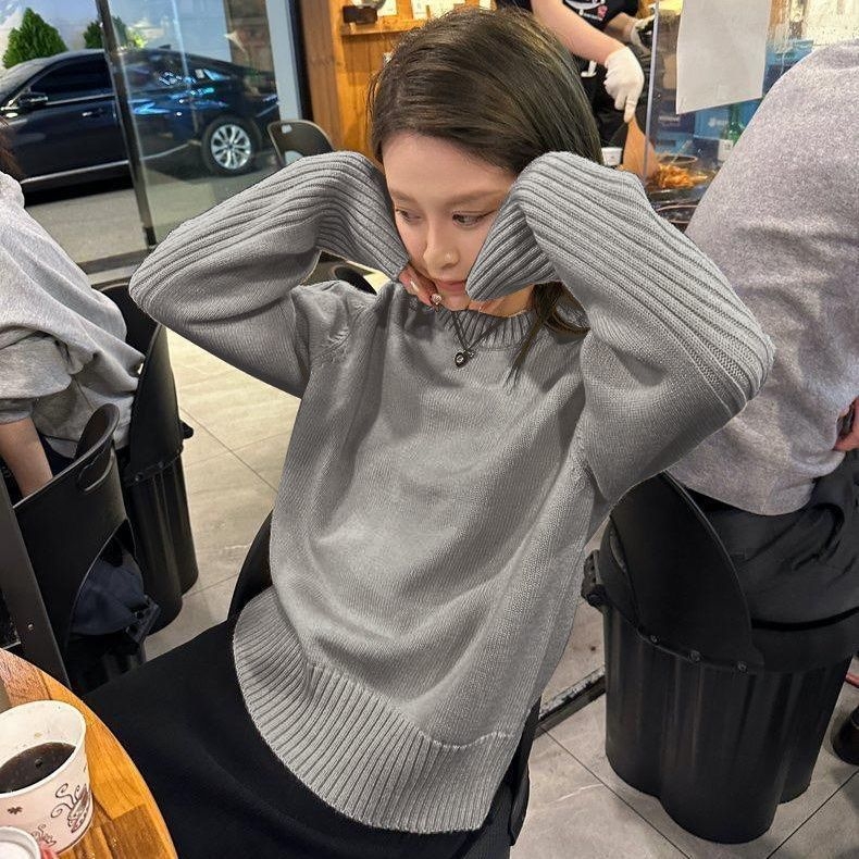 Ženski pleteni džemper u korejskom stilu s okruglim izrezom, Ice Silk tkanina, jednobojna, normalna debljina